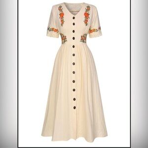 Embroidered Cream Midi Dress with Floral Accents